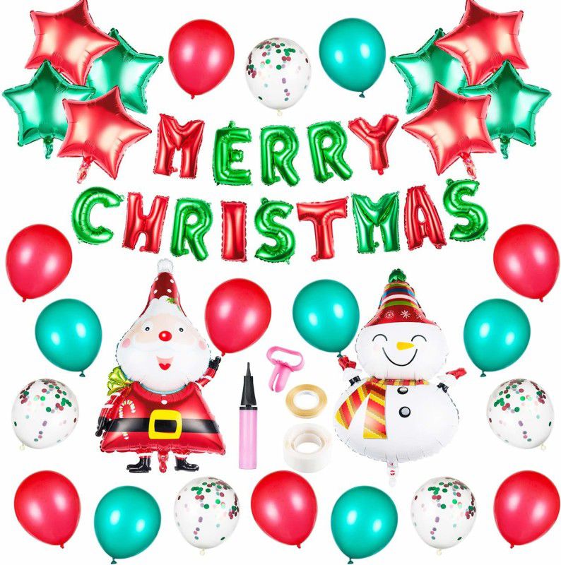 SHOPTIONS christmas theme combo with santa and snowman -christmas foil,8 star foil,1 sant foil,1 snowman foil,5 confeeti foil,30 balloon ,1 pump,1 glue dot. pack of 40  (Set of 40)