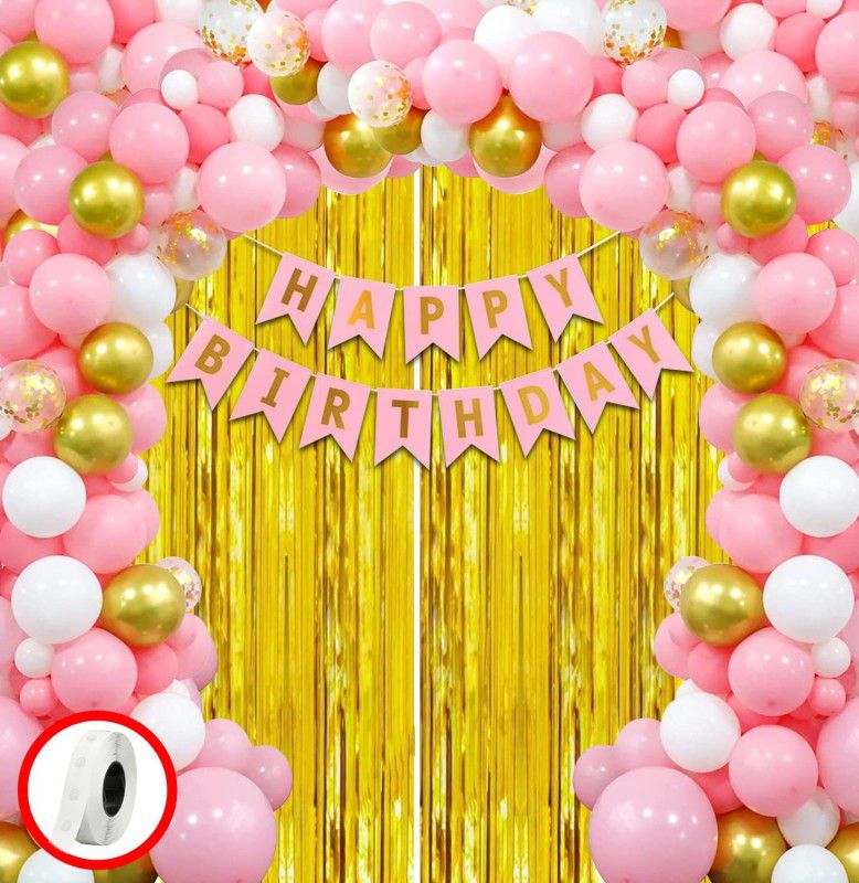 1iAM Birthday decoration/Pink theme birthday decoration with Pink banner,foil curtain  (Set of 34)