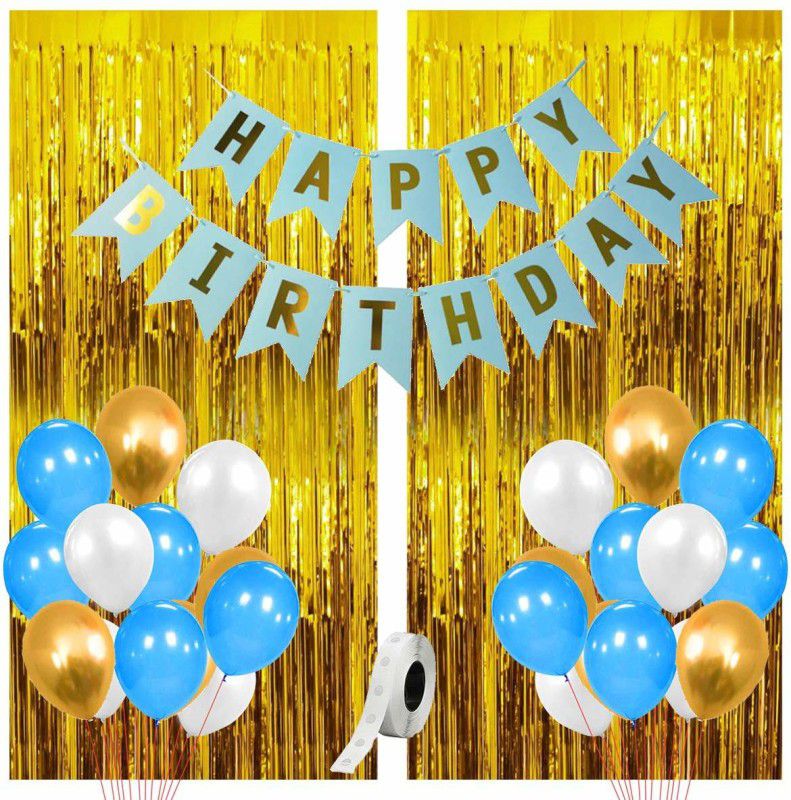 Anayatech Happy Birthday Combo With Blue White And Golden Birthday Balloons Birthday Decoration Items (Pack Of 50)  (Set of 50)