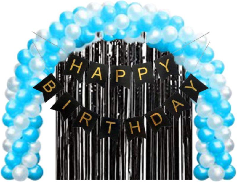 B4 Birthday Party Decoration Kit Black Happy Birthday Banner, 30 Silver, Metallic Light Blue beautiful arch Balloons 1 Black Shining Fringe Curtain  (Set of 32)
