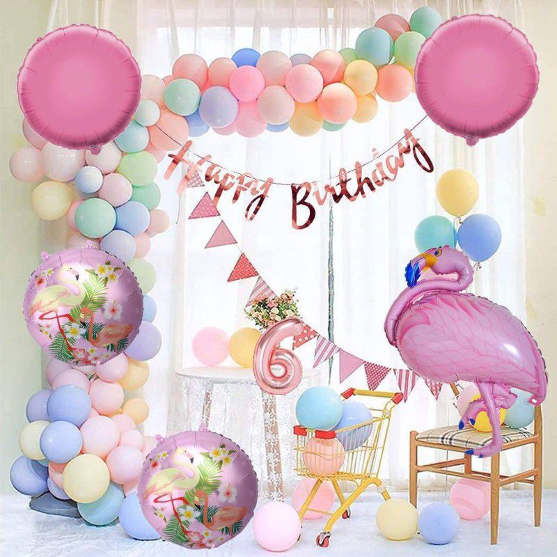 Attache Flamingo Theme Foil Balloon for Birthday Decoration items (6 Happy Birthday)  (Set of 37)