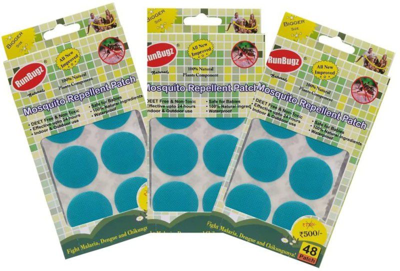 RunBugz Natural Repellent Mosquito Patches for Babies with 24 Hours Protection,24 Patches (Light Blue) -(Pack of 3)  (3 x 24 Patches)