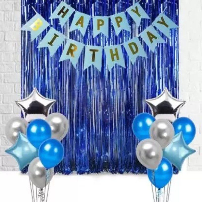 Krishna Creations Birthday Blue 20 Metallic Balloons with 2 Curtains & 2 Blue Star 2 Silver Star  (Set of 27)