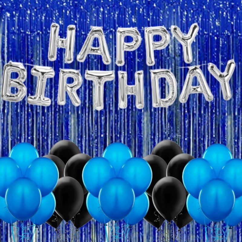 B4 13 Letter Silver Happy Birthday Foil Balloon 1 Blue Shiny Curtain 30 Blue Black Balloon DIY Birthday Decoration 45Pc  (Set of 45)
