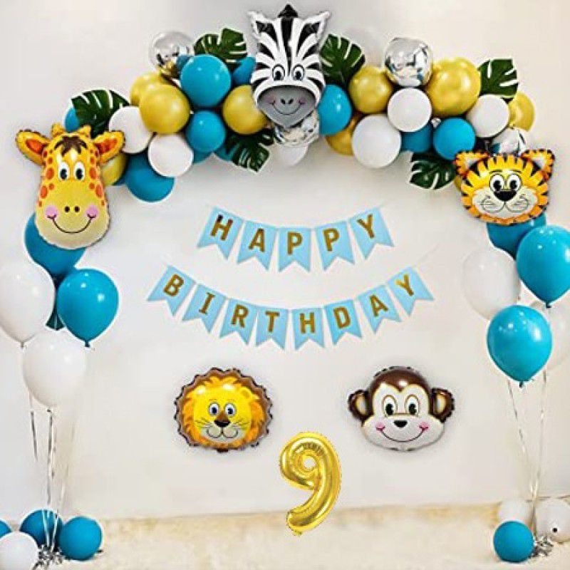 PartyJewels Blue Gold jungle theme birthday decorations kit For Ninth Birthday  (Set of 56)