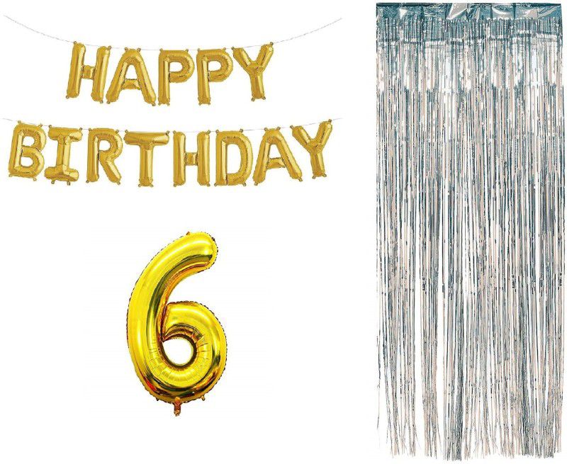 MOREL COMBO OF HAPPY BIRTHDAY FOIL BALOON , SILVER PLASTIC CURTAIN AND SIX (6) NUMERIC BALOON FOIL FOR CHILD SIXTH BIRTHDAY  (Set of 3)
