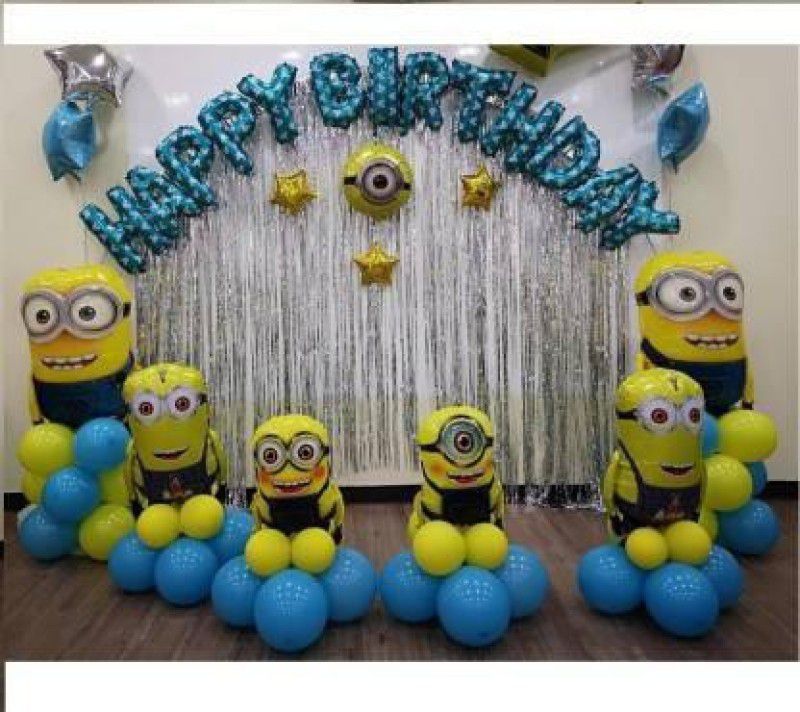 Anayatech 2 pc Minion theme happy birthday combo-13 happy birthday foil,2 minion balloon ,2 silver curtain,33 balloonl(pack of 50) (Set of 50)  (Set of 50)