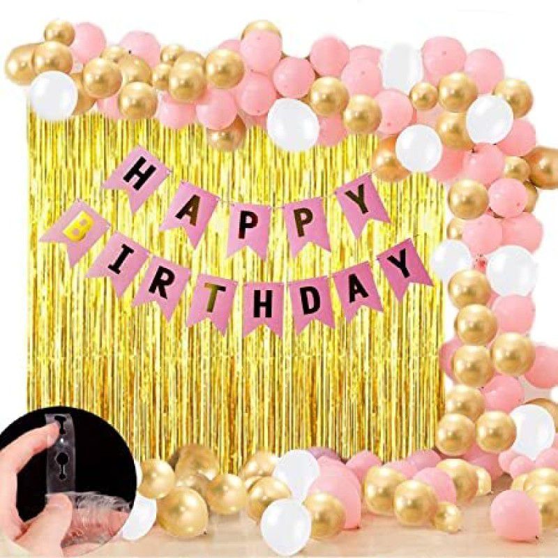 R G ACCESORIES White Golden Pink Balloons, Happy Birthday Banner Decoration Kit With Pack Of 64  (Set of 64)