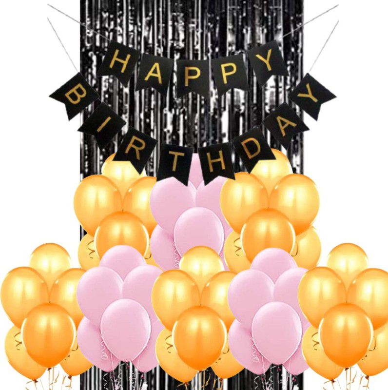 B4 Birthday Party Decoration Kit Black Happy Birthday Banner, 30 Gold, Baby Pink Decoration Balloons 1 Black Shining Fringe Curtain  (Set of 32)