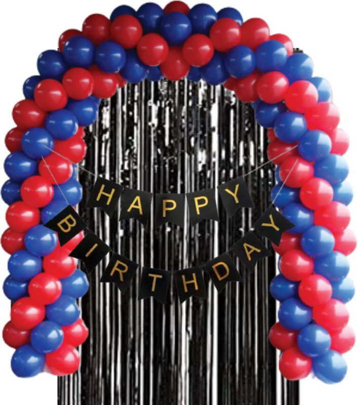 B4 Birthday Party Decoration Kit Black Happy Birthday Banner, 30 Blue, Red beautiful arch Balloons 1 Black Shining Fringe Curtain  (Set of 32)
