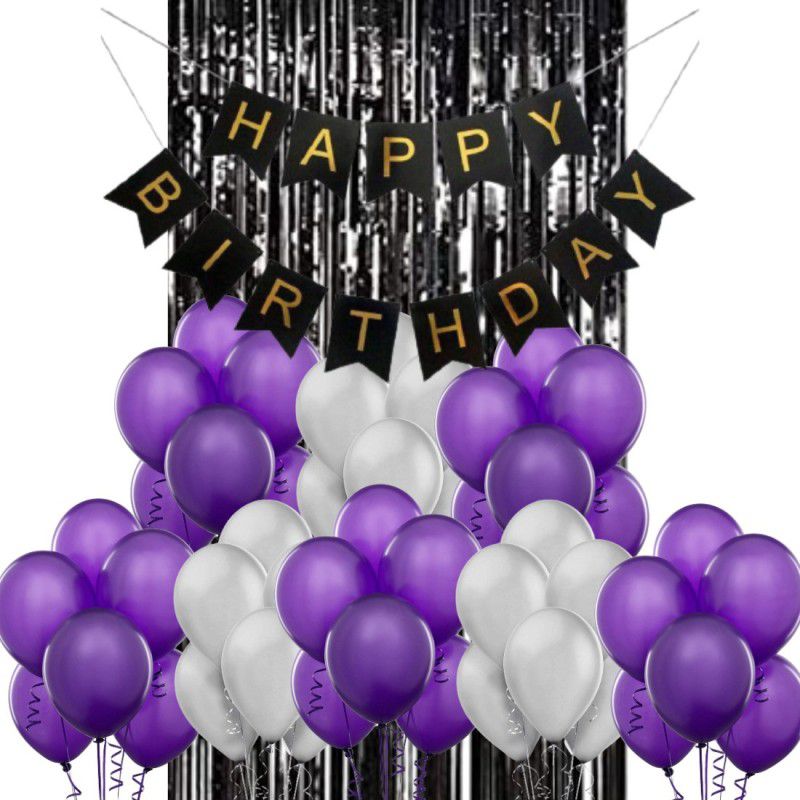 B4 Birthday Party Decoration Kit Black Happy Birthday Banner, 30 Purple, Silver Decoration Balloons 1 Black Shining Fringe Curtain  (Set of 32)