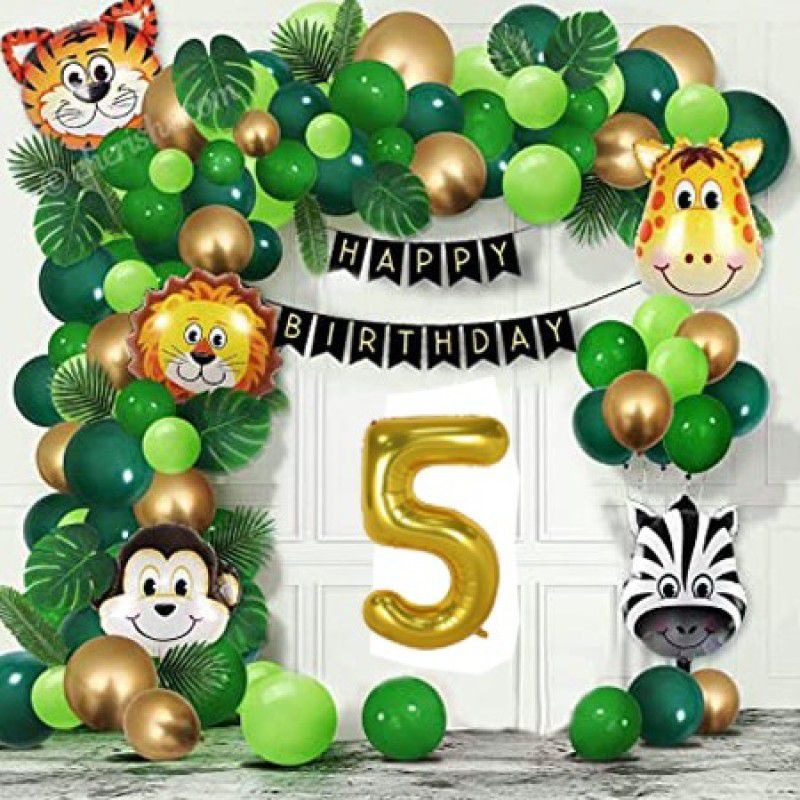 PartyJewels Jungle Theme Happy Birthday Decoration Kit For Fifth Birthday  (Set of 78)