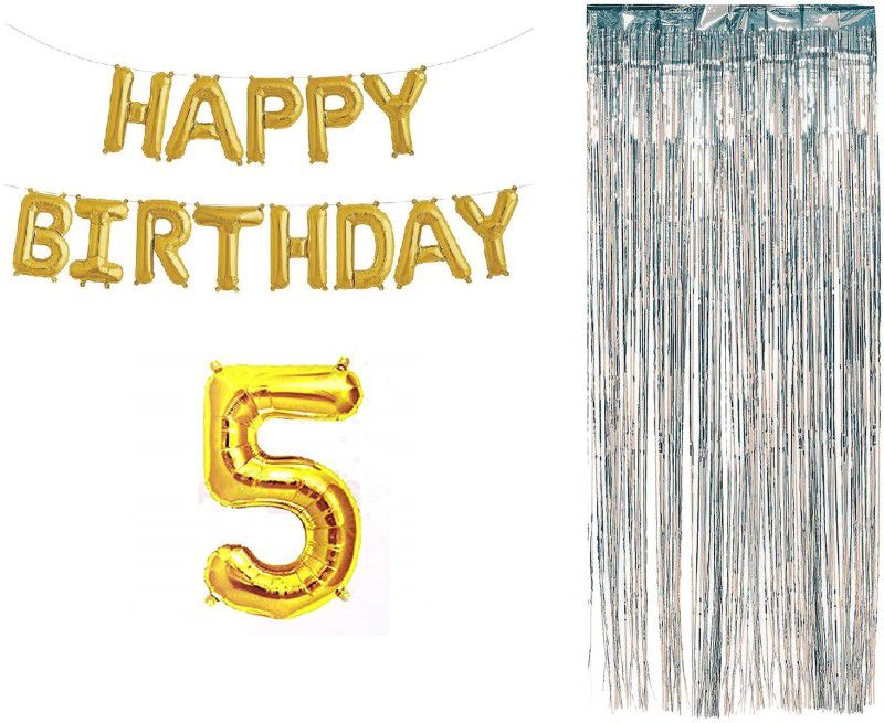 MOREL COMBO OF HAPPY BIRTHDAY FOIL BALOON , SILVER PLASTIC CURTAIN AND FIVE (5) NUMERIC BALOON FOIL FOR CHILD FIFTH BIRTHDAY  (Set of 3)