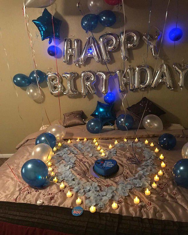 Banner Happy birthday silver foil with with 30 blue and silver + 30 blue and silver and blue star decoration set combo  (Set of 31)
