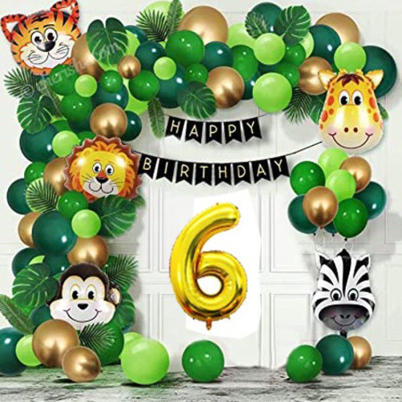 PartyJewels Jungle Theme Happy Birthday Decoration Kit For Sixth Birthday  (Set of 78)