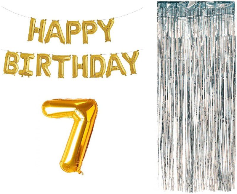 MOREL COMBO OF HAPPY BIRTHDAY FOIL BALOON , SILVER PLASTIC CURTAIN AND SEVEN (7) NUMERIC BALOON FOIL FOR CHILD SEVENTH BIRTHDAY  (Set of 3)