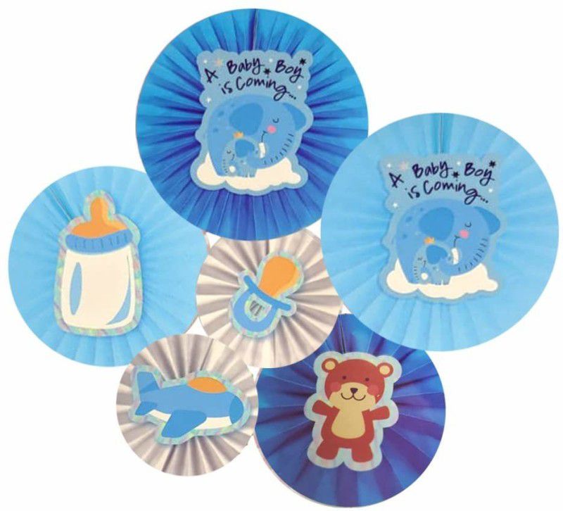 PopTheParty Baby Boy Decoration Fan for Use of New Born Birthday Décor  (Set of 6)