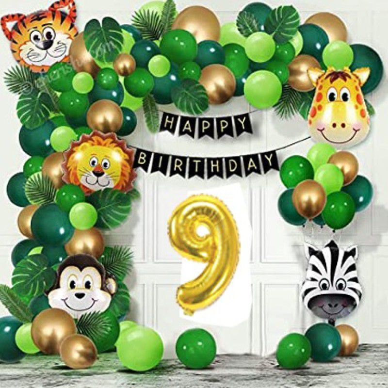 PartyJewels Jungle Theme Happy Birthday Decoration Kit For Ninth Birthday  (Set of 78)