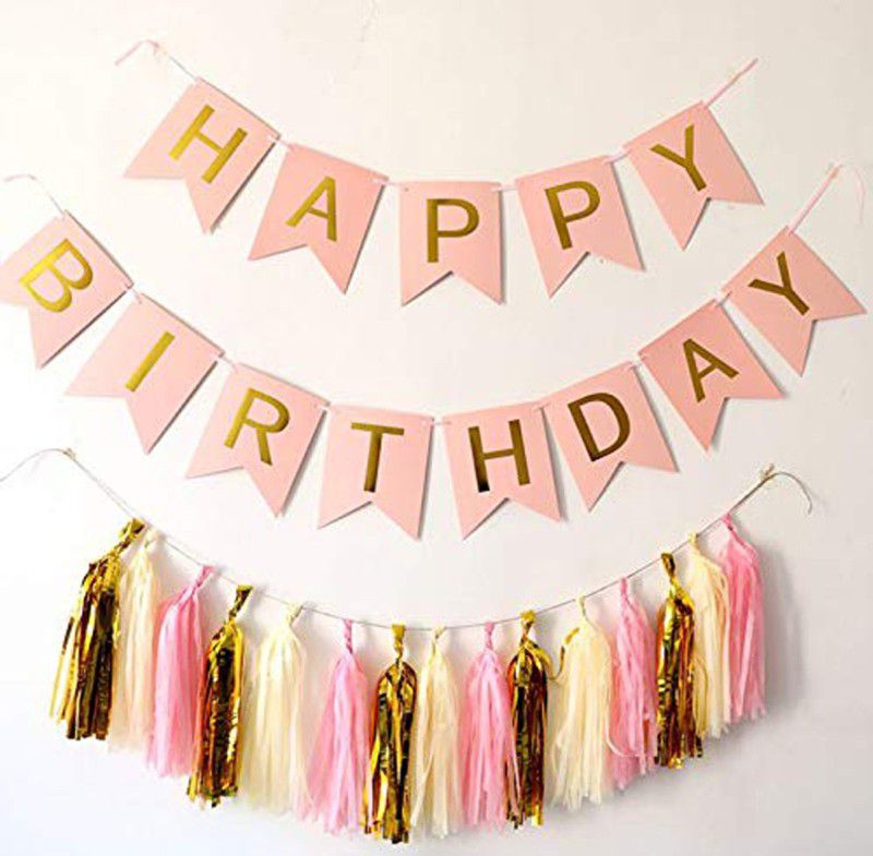 AMFIN Happy Birthday Banners with Pink Gold and white Tassel Perfect for birthday  (Set of 2)