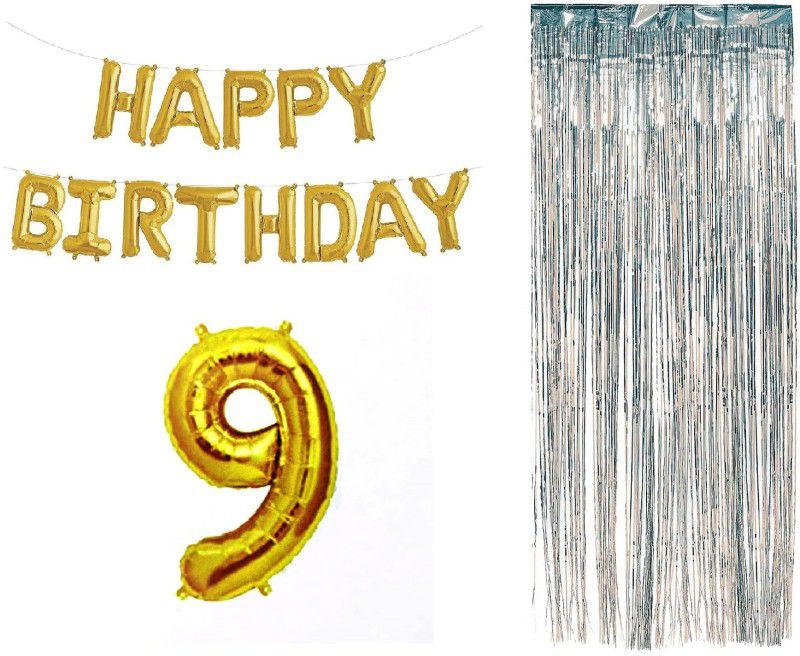 MOREL COMBO OF HAPPY BIRTHDAY FOIL BALOON , SILVER PLASTIC CURTAIN AND NINE (9) NUMERIC BALOON FOIL FOR CHILD NINTH BIRTHDAY  (Set of 3)