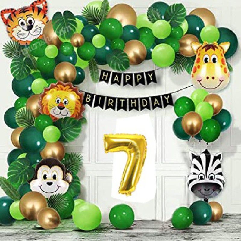 PartyJewels Jungle Theme Happy Birthday Decoration Kit For Seventh Birthday  (Set of 78)