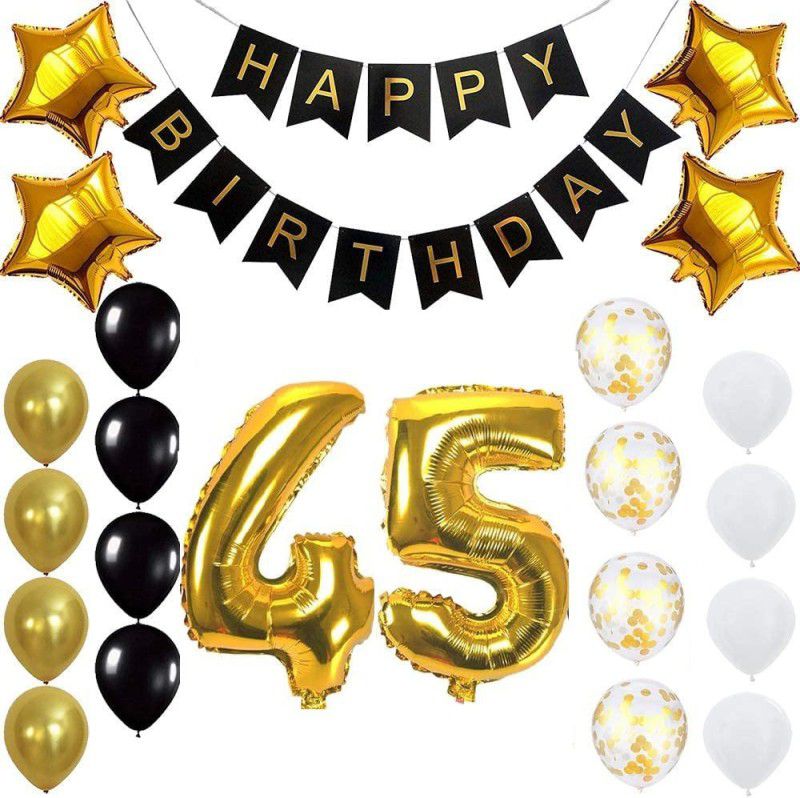 PopTheParty Gold 45th Birthday Decoration Kit With Banner ,Star Latex and confetti Balloon  (Set of 23)
