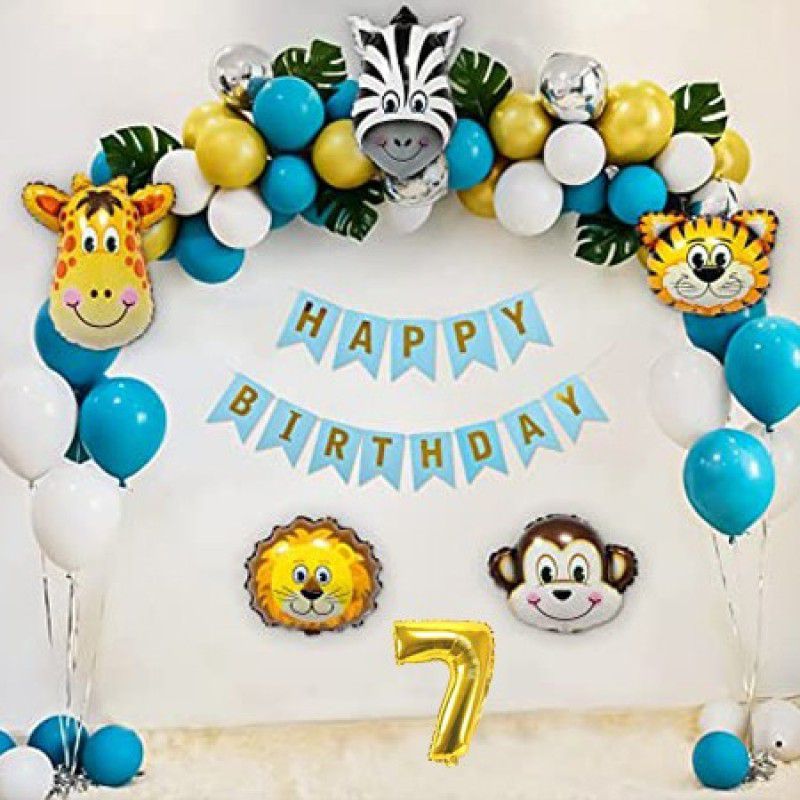 PartyJewels Blue Gold jungle theme birthday decorations kit For Seventh Birthday  (Set of 56)