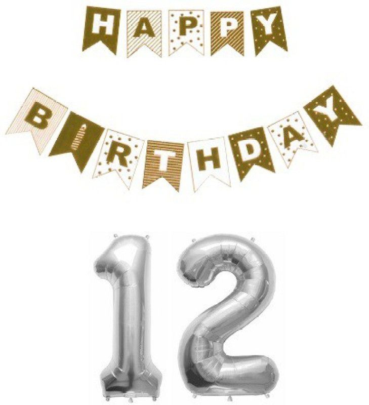 Utkarsh Combo Of Silver Color Printed Happy B.Day Banner With Silver'12' Digit Balloon  (Set of 2)