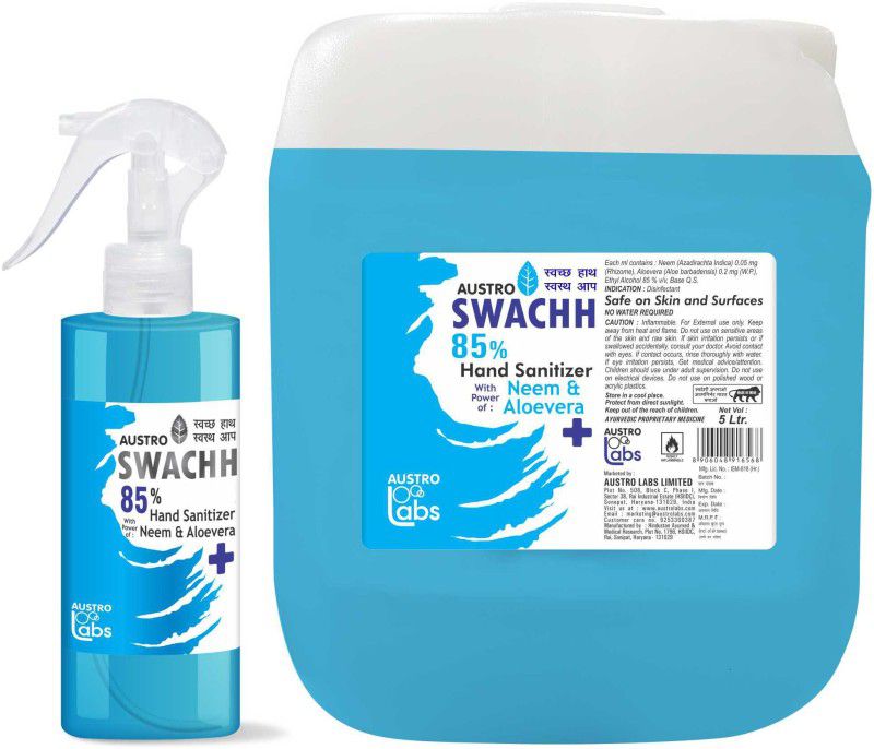 Austro Labs SWACHH HAND SANITIZER SPRAY LIQUID 5 LITER + 120 ML (PACK OF 2) (5 LTR) (5 LITRE) (REFILL PACK) ETHYL ALCOHOL 85% Sanitizer Spray Pump + Refill  (2 x 2560 ml)