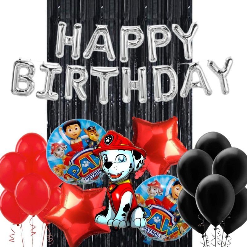 Wonder Paw Patrol Marshall Birthday Decoration 39 Pc Kit for Kids, Silver HBD Foil Balloon, 20 Red Black Balloon, Black Curtain  (Set of 39)