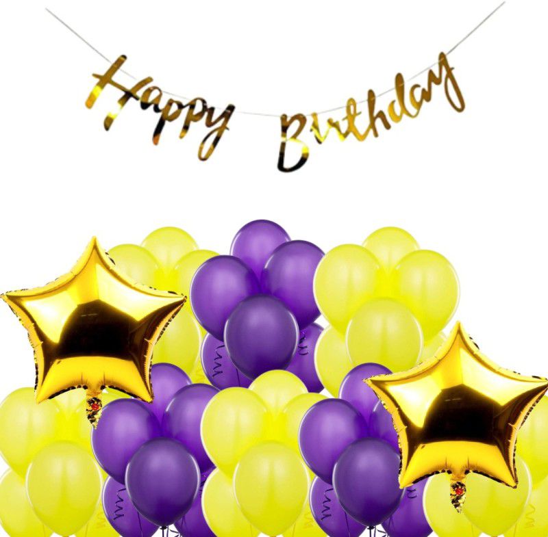 Wonder Birthday Combo Gold Bunting + 30 Yellow+Purple Balloon +2 Gold Star  (Set of 33)