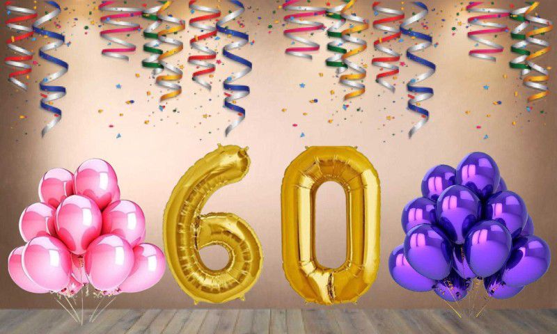 Balloonistics Gold Number 60 Foil Balloon and 25 Nos Pink Purple Metallic Shiny Latex Balloon  (Set of 1)