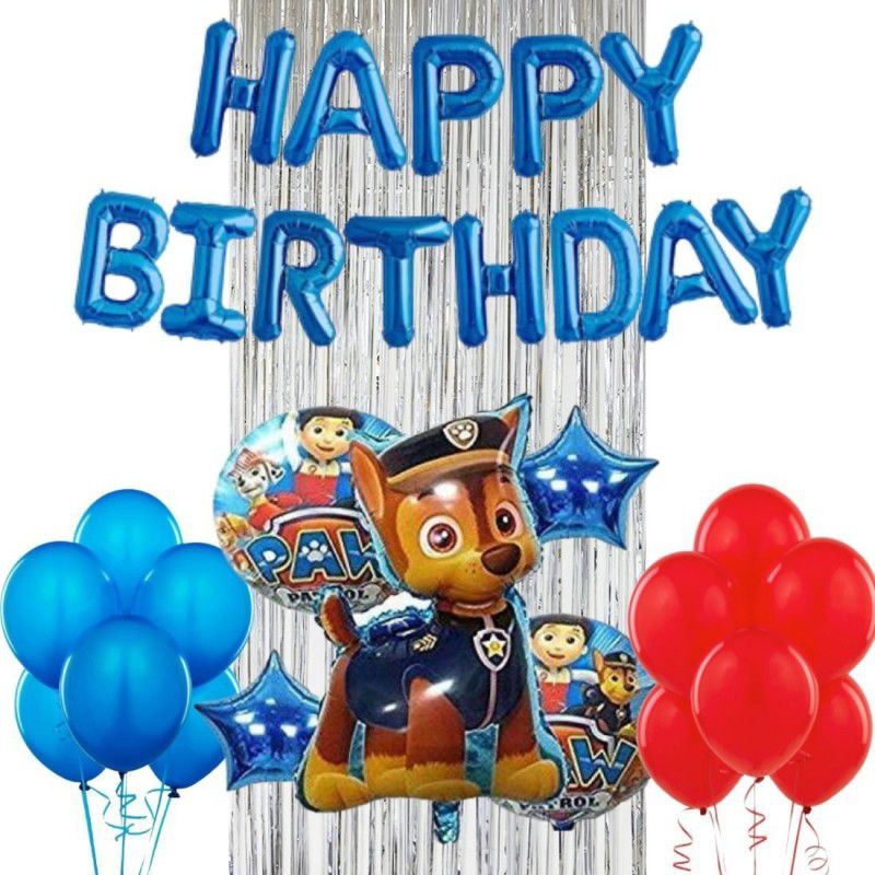 Wonder Paw Patrol Chase Birthday Decoration 39 Pc Kit for Kids, Blue HBD Foil Balloon, 20 Blue Red Balloon, Silver Curtain  (Set of 39)