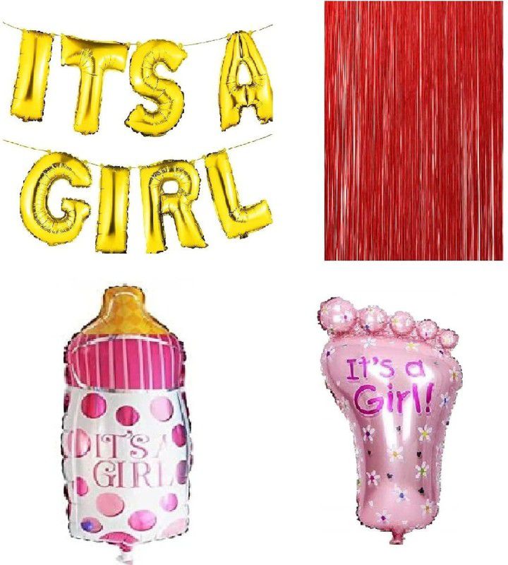 MOREL Decrative Items For Childrens Birthday Parties, New Born Baby welcoming, And Baby shower Parties, it’s a girl Written Foil Balloon, Foil Fringe Curtain, it’s a girl Foot and bottle Shaped Foil Balloon  (Set of 4)