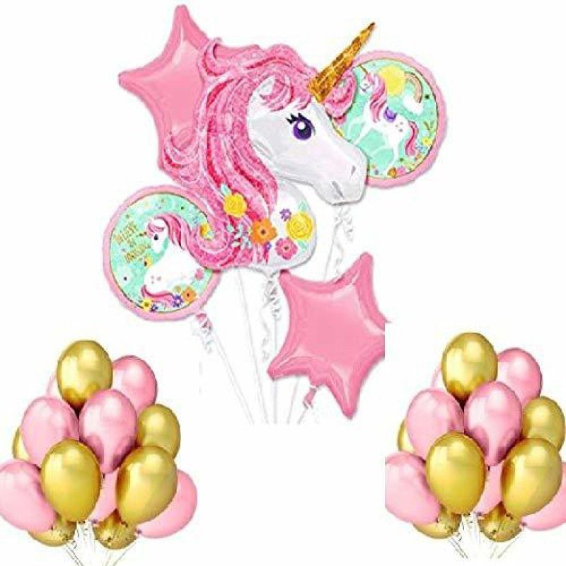 SV Traders Big Size Magical Unicorn Foil Balloon Bouquet 5 Pieces(No.-2) +15 Pink Metallic+15 Golden Metallic Balloons (Total-35 Pieces) for Birthday Decoration for Girls/Boys(1+1)  (Set of 35)