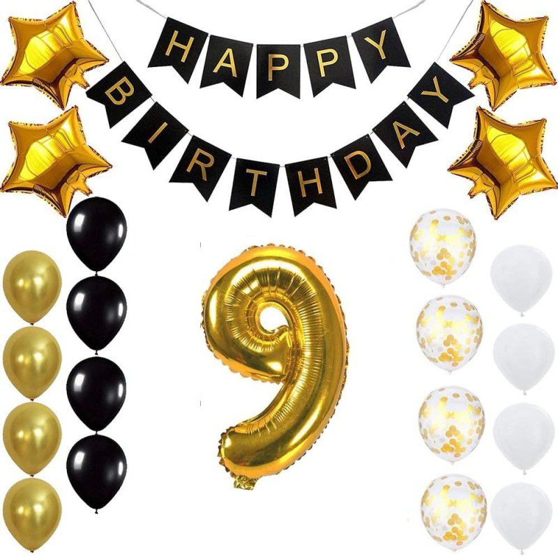 PopTheParty Gold 9th Birthday Decoration Kit With Banner ,Star Latex and confetti Balloon  (Set of 22)