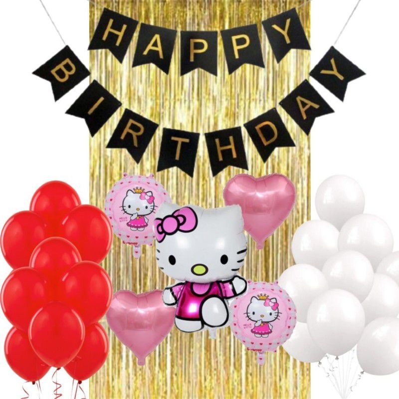 Wonder Hello Kitty Birthday Theme Decoration for kids Black Birthday Banner, Red-White Party Balloons, Gold Curtain 47 Pc  (Set of 47)