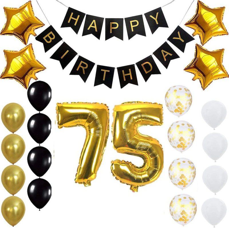 PopTheParty Gold 75th Birthday Decoration Kit With Banner ,Star Latex and confetti Balloon  (Set of 23)