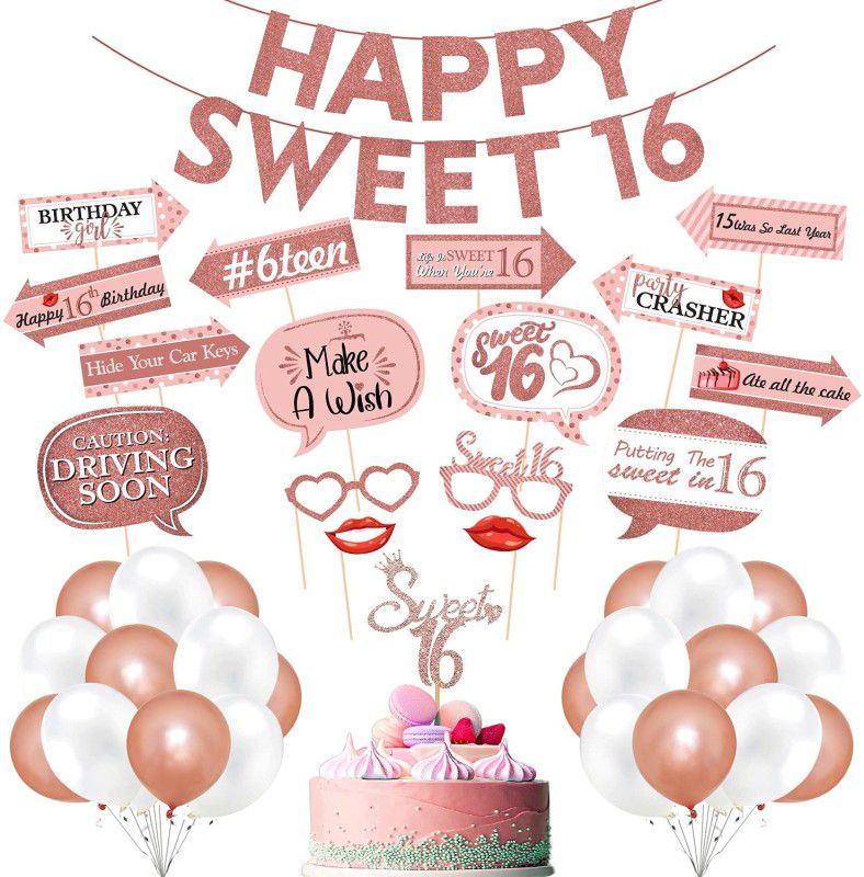 ZYOZI Sweet 16 Birthday Decorations with Photo Booth Backdrop and Pre-assembled Props – 16th Birthday Party Supplies, Rose Gold Sweet 16 Decorations,16 Happy Birthday Banner, Cake Topper, Balloons (PACK OF 43))  (Set of 43)