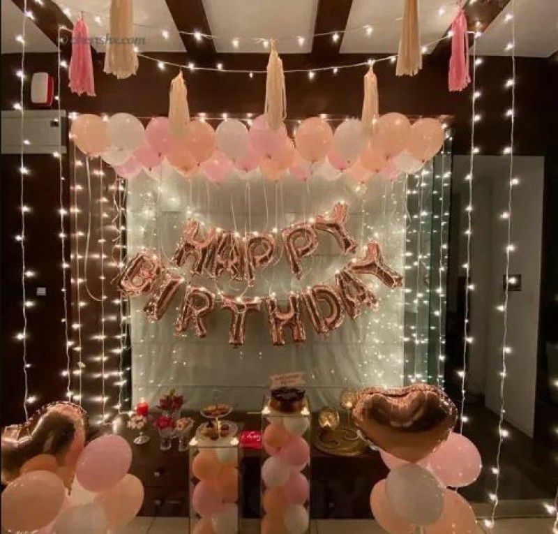 Balaji RoseGold Happy Birthday Decoration Set-Happy Birthday,Balloons, Hearts,Pump, LED  (Set of 110)