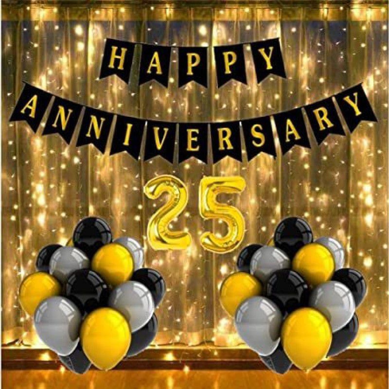 Fun and Flex No. 25 Gold Foil Balloons with Happy Anniversary Decoration Items or Kit  (Set of 48)