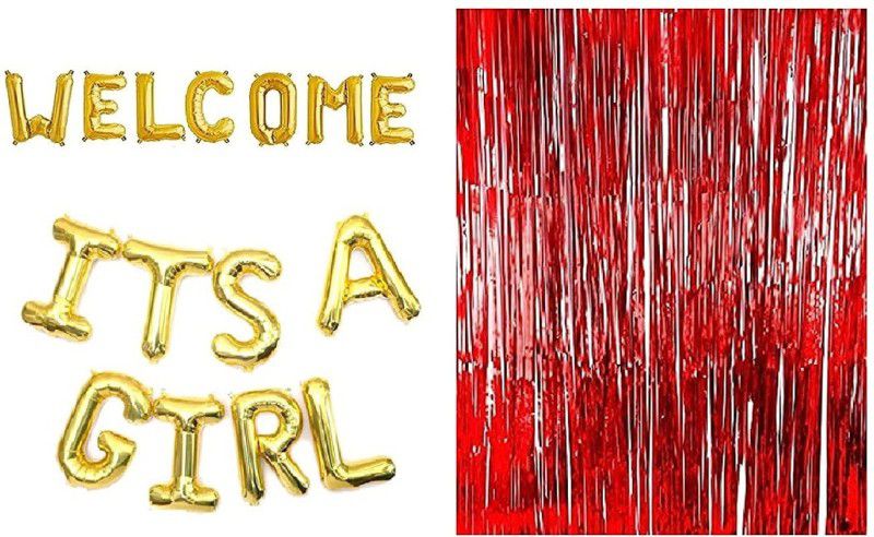 MOREL COMBO OF IT’S A GIRL FOIL BALOON AND WELCOME FOIL BALOON AND RED PLASTIC FOIL CURTAIN FOR WELCOMING BABY BOY AND MOTHER  (Set of 3)
