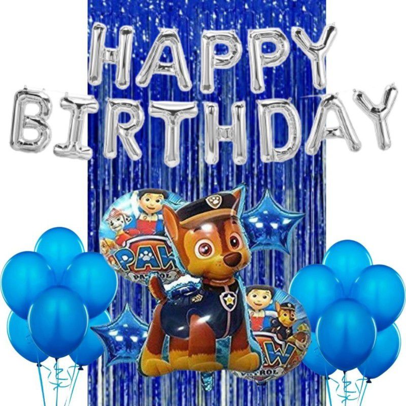 Wonder Paw Patrol Chase Birthday Decoration 39 Pc Kit for Kids, Silver HBD Foil Balloon, 20 Blue Balloon, Blue Curtain  (Set of 39)