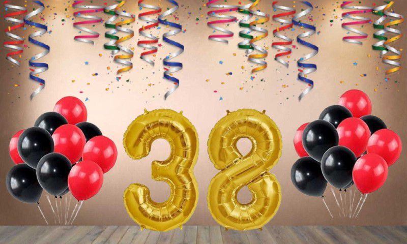 Balloonistics Gold Number 38 Foil Balloon and 25 Nos Black Red Metallic Shiny Latex Balloon  (Set of 1)