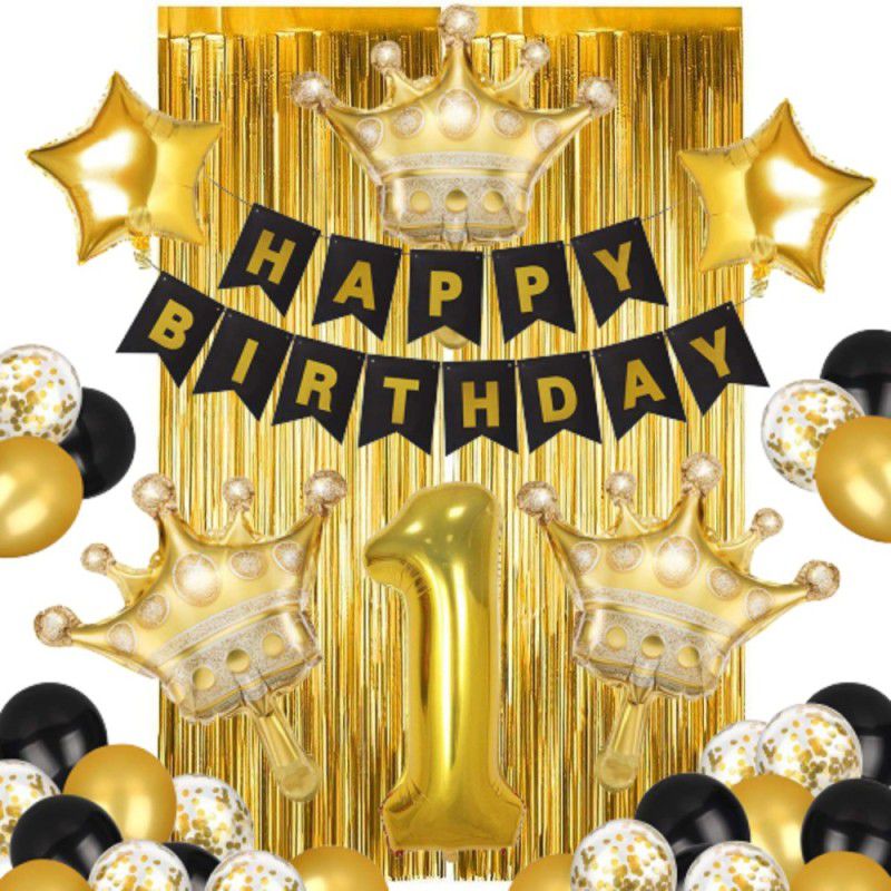 FLICK IN 38 pcs 1st Bday Decoration Happy Birthday Banner Number 1 Foil Balloon with Curtain Star & Crown Balloon Metallic & Confetti Balloon Party & Event Decor First Year Gold Birthday Supplies  (Set of 38)