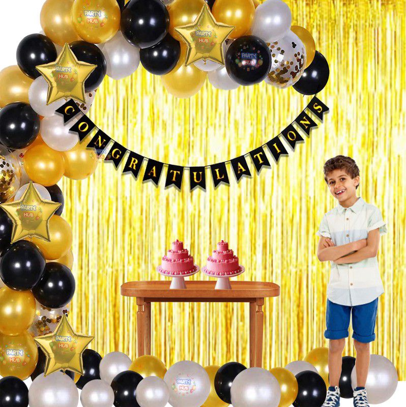 Party Hub "Congratulations" Banner for Wedding Anniversary, Graduation Party Decors, Retirement, Achievement, Baby Shower 30 Gold, Black, Silver Latex Balloon , 4 Gold Star 18", 2 Gold Foil Curtain (Pack Of 37) For Party Decoration  (Set of 37)