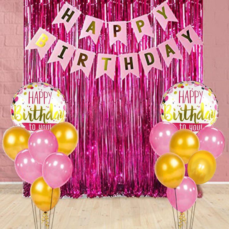 AMFIN Decoration Girls Foil / Happy Birthday Banner / Pink Theme Birthday Decoration  (Set of 11)