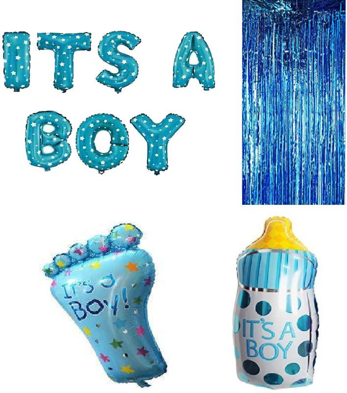 MOREL COMBO BIRTHDAY DECORATION IT’S A BOY FOIL BALOON, BABY FEET , BABY BOTTLE AND RED CURTAIN FOR BIRTHDAY , BABY SHOWER DECORATION.  (Set of 4)