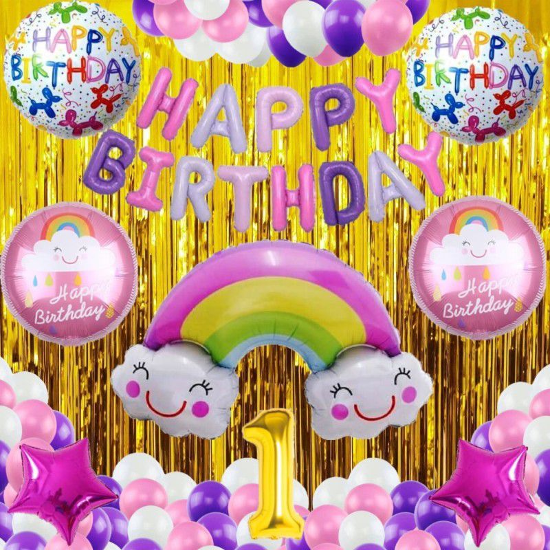 Gleam Rainbow Theme 1st Year Birthday Party Decoration Items celebration Supplies  (Set of 53)