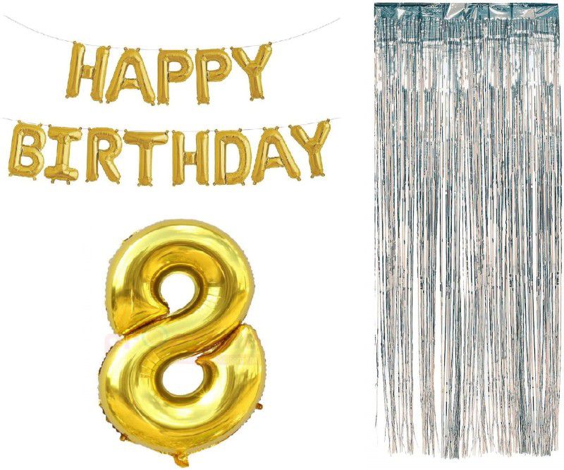 MOREL COMBO OF HAPPY BIRTHDAY FOIL BALOON , SILVER PLASTIC CURTAIN AND EIGHT (8) NUMERIC BALOON FOIL FOR CHILD EIGHTH BIRTHDAY  (Set of 3)